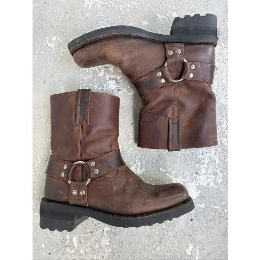 Loblan brown waxy leather biker boots